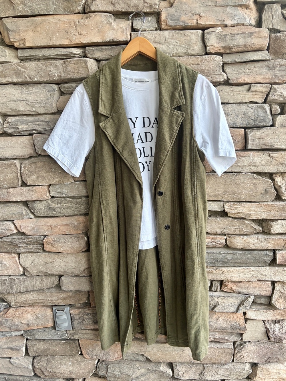 By Anthropologie Sleeveless Olive Green Long Vest snap front duster linen blend